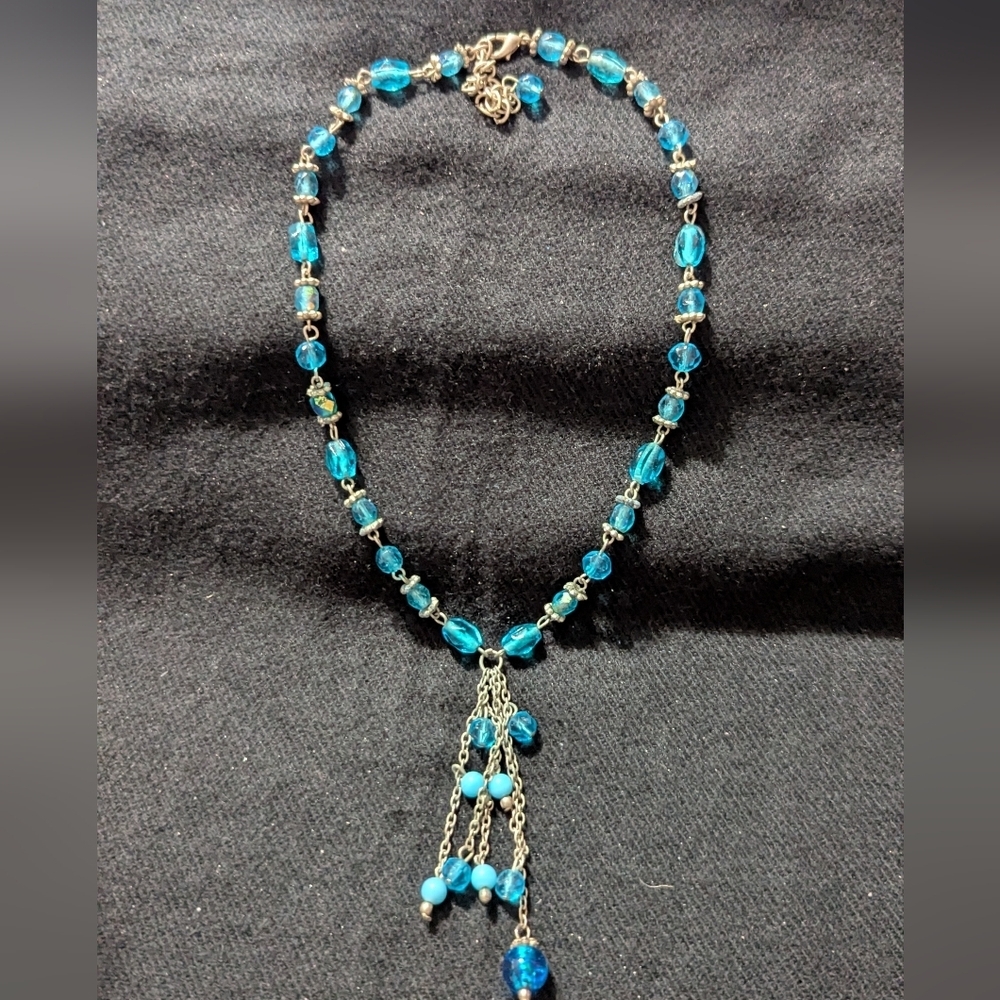 Silver Tone Blue Beaded Y Shape Drop Dangle Statement Necklace